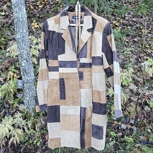 Vintage Denim & Co Patchwork Suede Leather Coat Browns and Tan with Belt